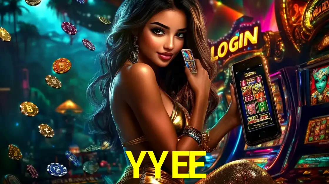 Mulher em um cenário de cassino temático de aventura, mostrando o app de caça-níqueis da YYEE no celular. Fichas de apostas flutuam ao redor.